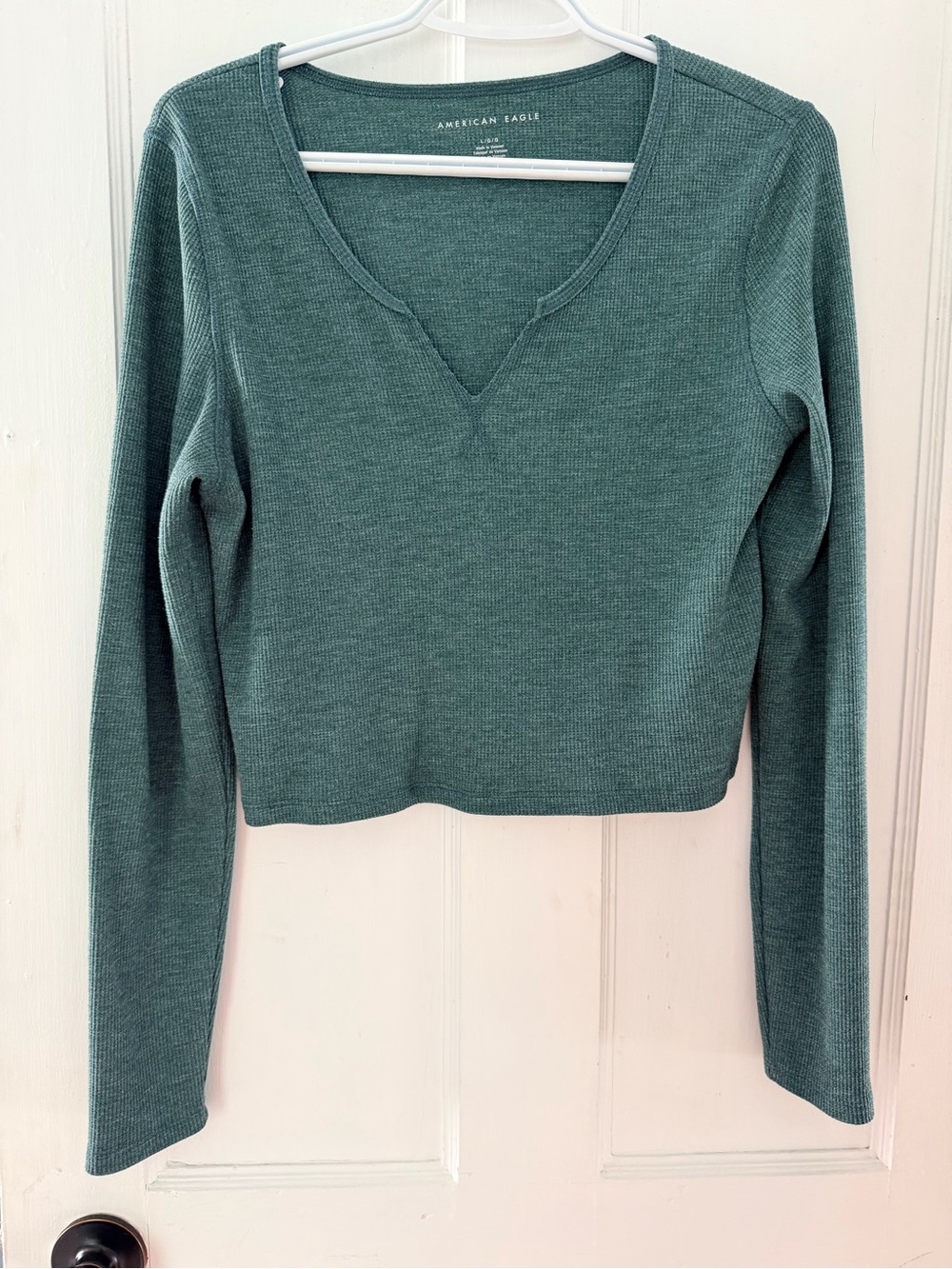 American Eagle Outfitters Teal Green Ribbed V-Notch Long Sleeve Top